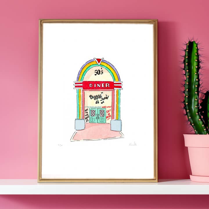 Akvarel: 50'er Diner Vintage, USA (13x18 cm) for engroshandel hos Atelier Nunila
