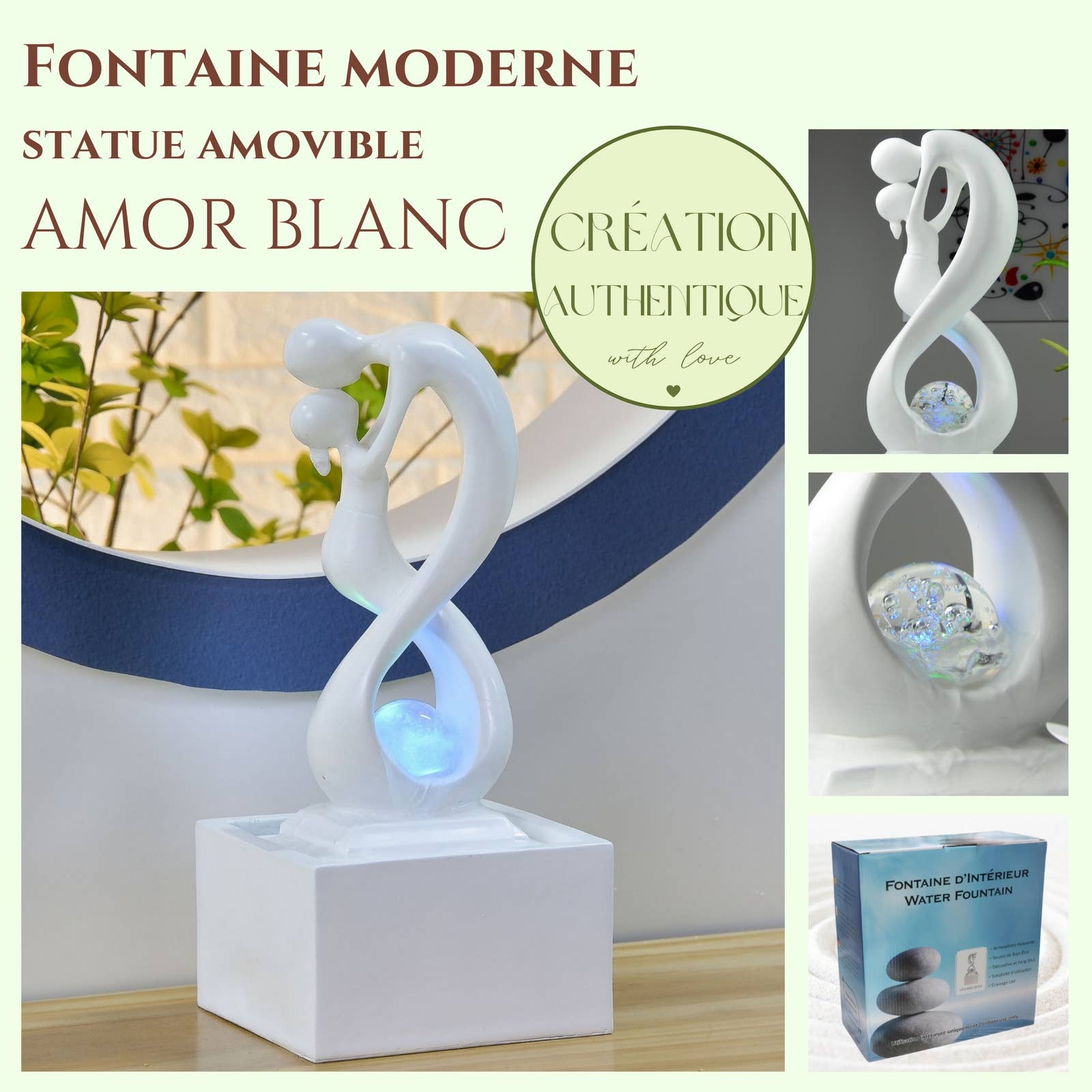 Zen'Arôme - Vente Décorations de table - Fontaine d'Intérieur Moderne Amor Blanc Idée Cadeau1