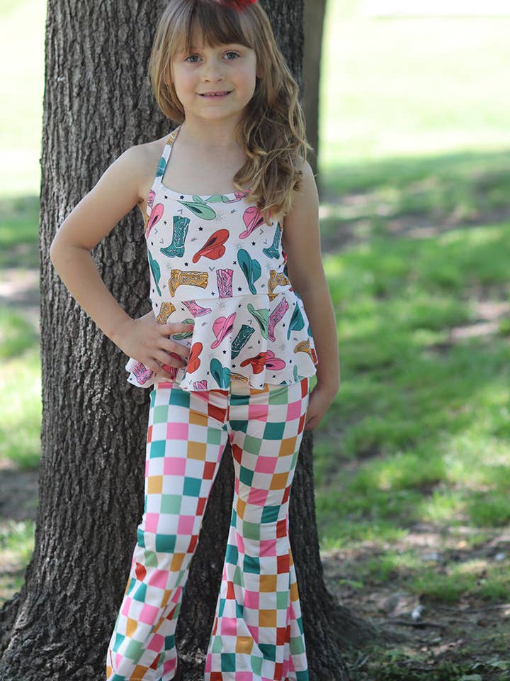 Cowgirl boots & checker printed bottoms 2 piece set. OFG50881 AMY for wholesale by Kids Charm Online