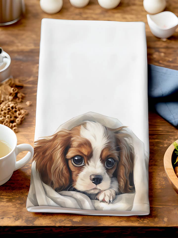 Ned - Cute Puppy In Blanket - Unique Dog Tea Towel for wholesale by Homemade Hollydays Wholesale
