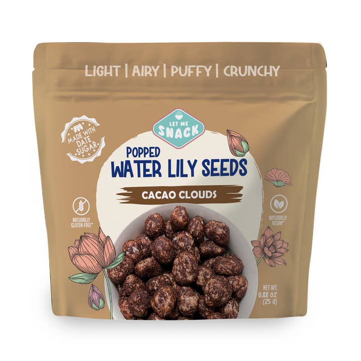 Cacao Clouds - Popped Water Lily Seeds -Made with Date Sugar for wholesale by Let Me Snack LLC