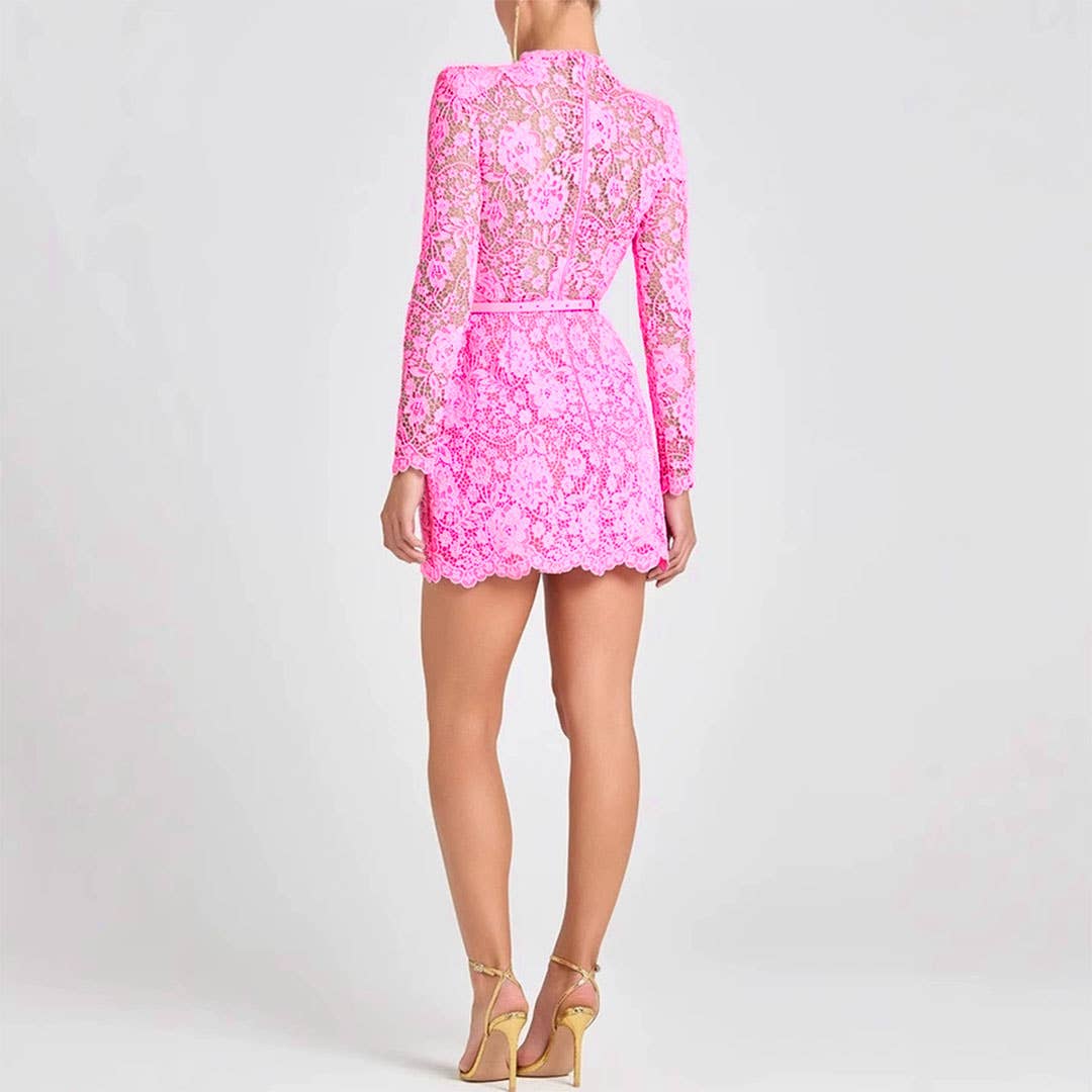 Roze Kanten Transparante Uitholling Taille Slank Lange Mouwen Jurk JRM161 voor groothandel op Faire3