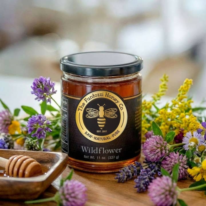 Wildflower Raw Honey Jar – Gourmet Gift, 11 oz for wholesale by Fantozzi Honey Company