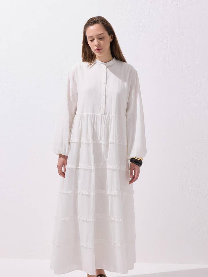 Azur Layered Voile Maxi Dress Ecru for wholesale by Kadriye Baştürk