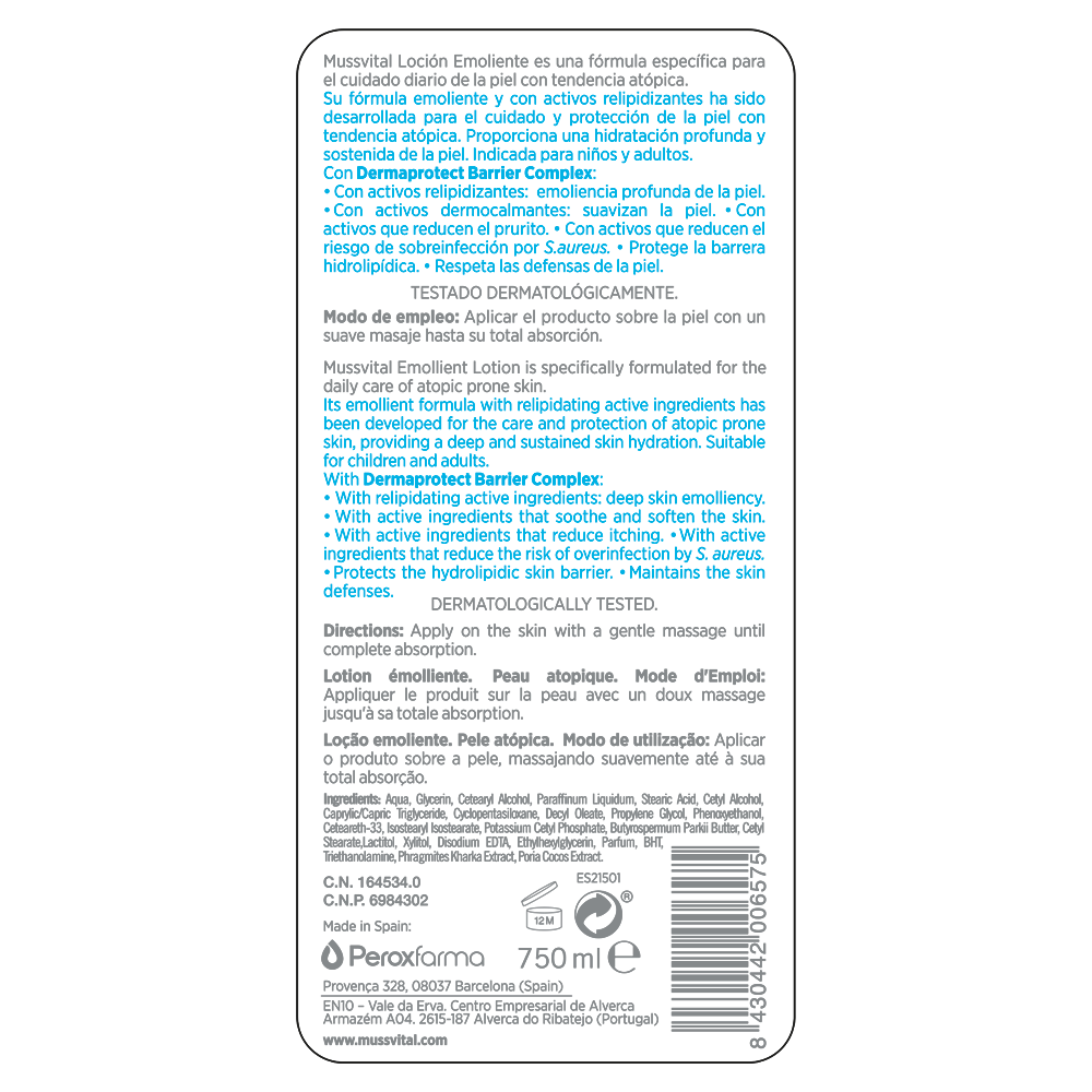 Peroxfarma, S.A. - Wholesale Body Cream/Lotion - Mussvital Dermactive Atopic Skin Emollient Lotion 750 ml4