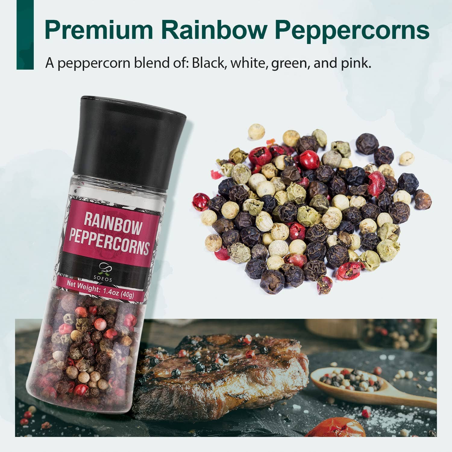 soeos – wholesale Salt & pepper mix – Soeos Black Peppercorns + White Sea Salt + Rainbow Peppercorns + Pink Salt, 9.8oz(277.82g) Spice Total, Plastic Bottle Grinder with Spice Included7