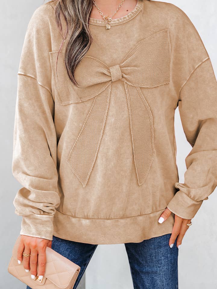 Lovesoft - Wholesale Sweatshirt - Women's - Orchid Bouquet Mineral Wash Big Bow Patchwork Pullover Sweatshirt3