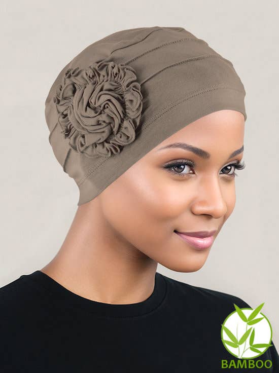 Turban Plus - Wholesale Turban – Women's - Bamboo Pleated Sunflower Cap Coco Brown0
