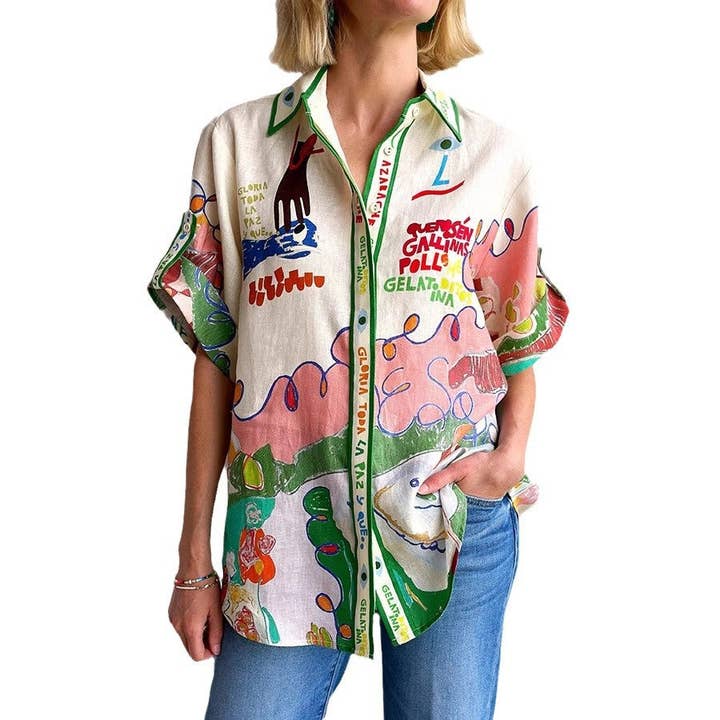 As Shown 2025 NEW Graffiti Linen Shirt New Euro Style Bold Prints for wholesale on Faire9