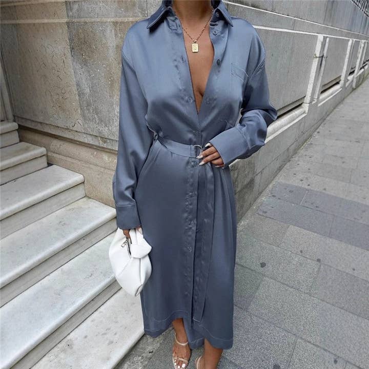 Solid satinbälte A-linje skjortklänning för wholesale av kycozy