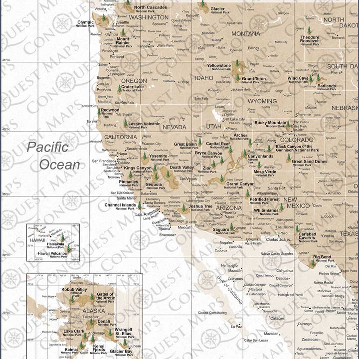 Conquest Maps - Wholesale Map - Push Pin National Parks Map - Light Brown Color Splash - Pins Included!15
