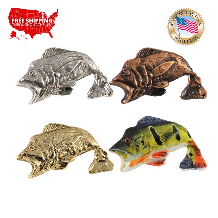 Creative Pewter Designs - Wholesale Lapel Pin/Button - Peacock Bass Fish Leaping Pewter Lapel Pin or Magnet F095