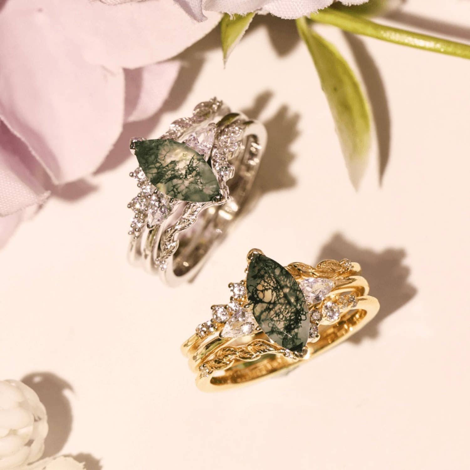 Azura Jewelry – wholesale Förlovningsring – Sonoran Sunrise Moss Agate Ringset Massivt Vitguld6