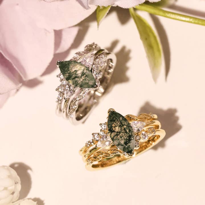 Azura Jewelry – Großhandel Verlobungsringe – Sonoran Sunrise Moss Achat Ringset aus massivem Weißgold6