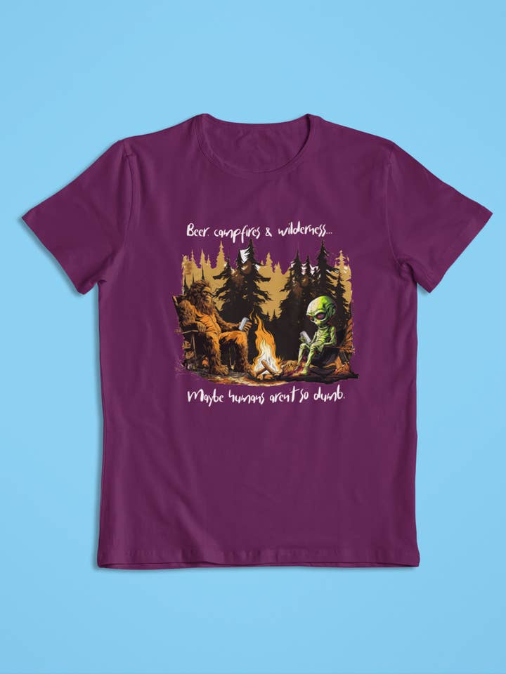 Bigfoot & Alien Campfire T-Shirt - Humans Aren't So Dumb for wholesale by Zombie Paws