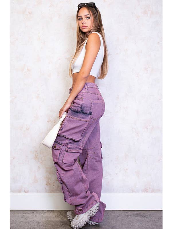 Rehab Lab - Wholesale Jeans - Women's - Purple Washed Cargo Denim Jeans With Pockets