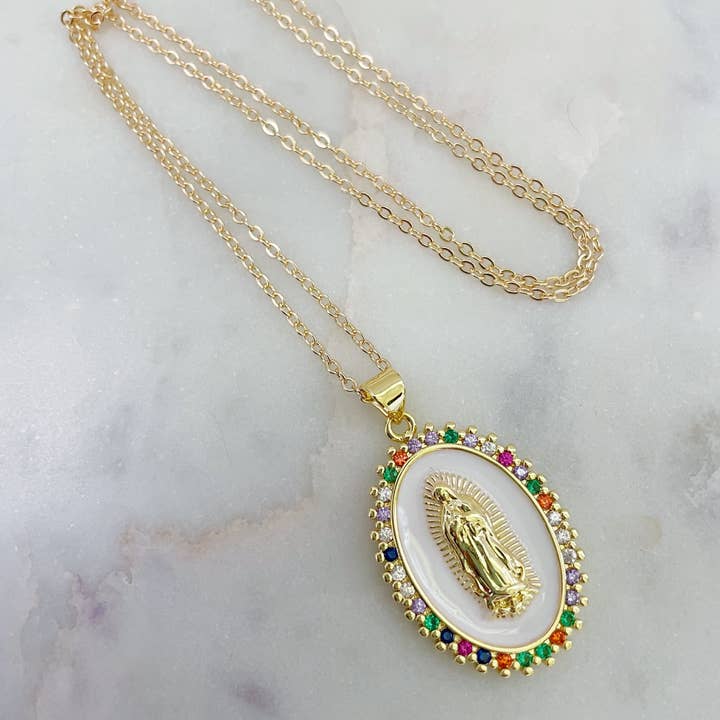 Colorful Crystal Mary Necklace, Religious Pendant Jewelry for wholesale by Laalee Jewelry
