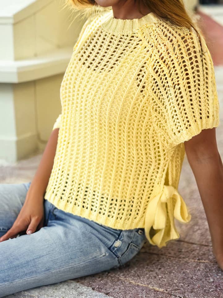 1 the Woman - Wholesale Knit Sweater - Women's - Hollow-out Crochet Side Tied Short Sleeve Sweater
