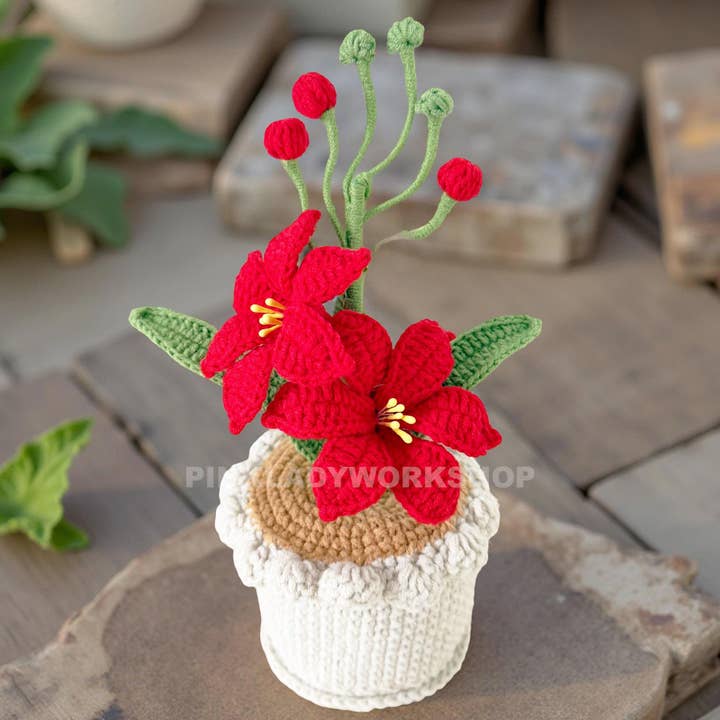 Crochet Coppertips Flower Pot | Red Crochet Lily | Handmade Amigurumi Plant | Floral Home Decor | Gift for Plant Lovers | Pinklady Workshop for wholesale by PinkLadyWorkshop