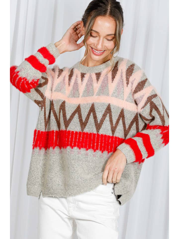 Multi Tribal Patterned Mohair Soft Feel Knitted Sweater VT30367 for wholesale on Faire