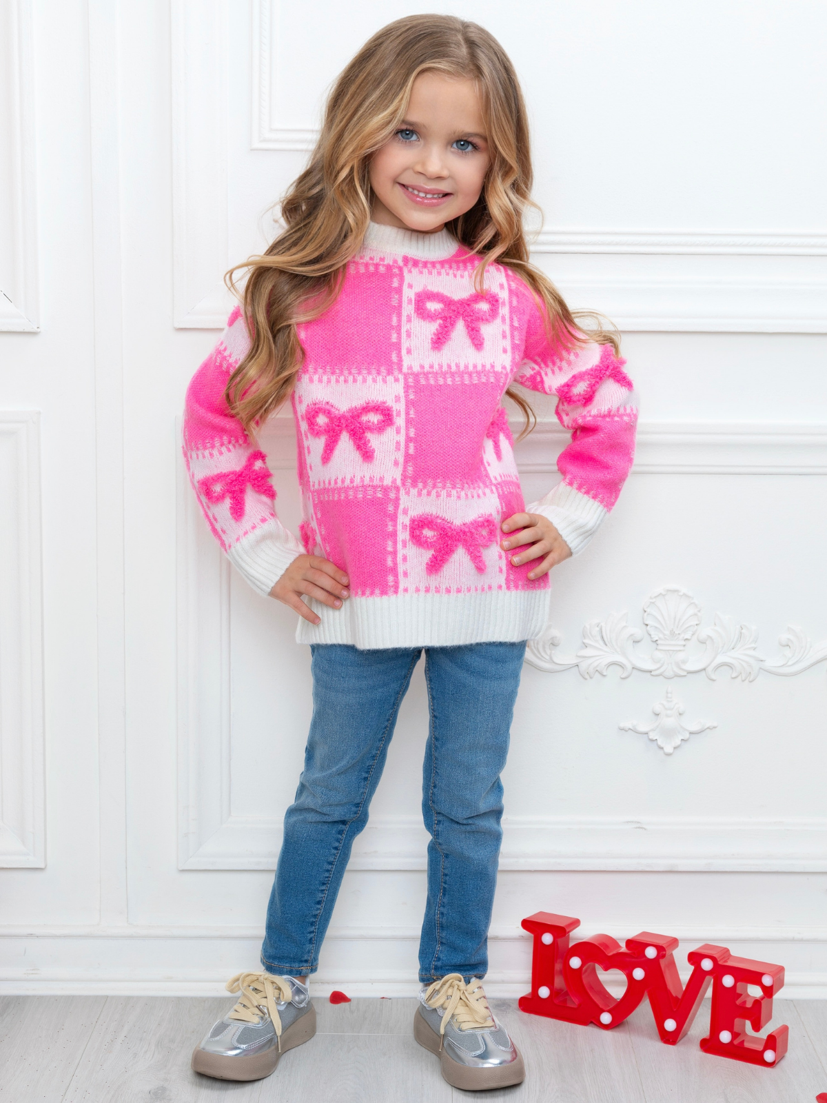 Sweet Bow Pink Checkered Knit Sweater for wholesale on Faire7