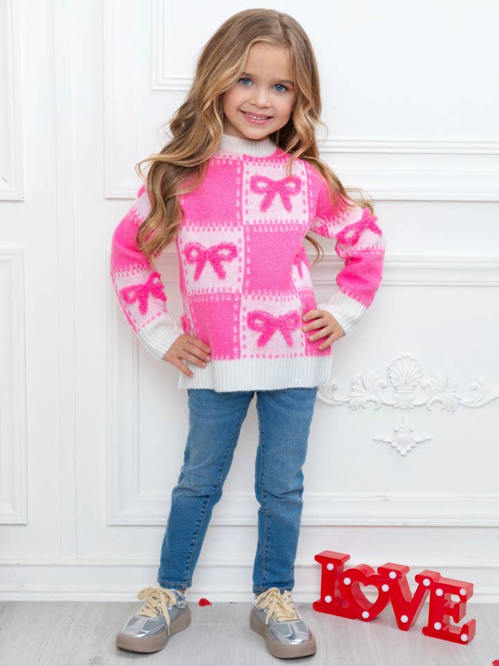 Sweet Bow Pink Checkered Knit Sweater for wholesale on Faire7