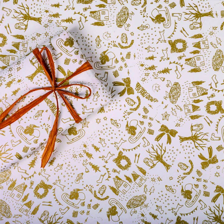 Ilustración navideña, papel de regalo navideño dorado para venta al por mayor de REGARO PAPIRO