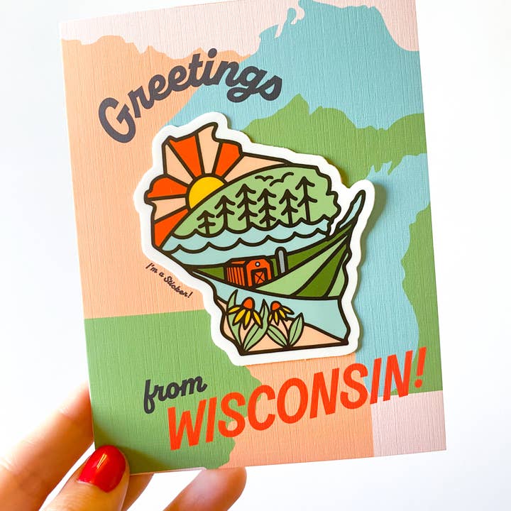 Bottlebrush Graphics - Vendita all'ingrosso Biglietti di auguri generici - Saluti dal Wisconsin (carto+adesivo in vinile!)