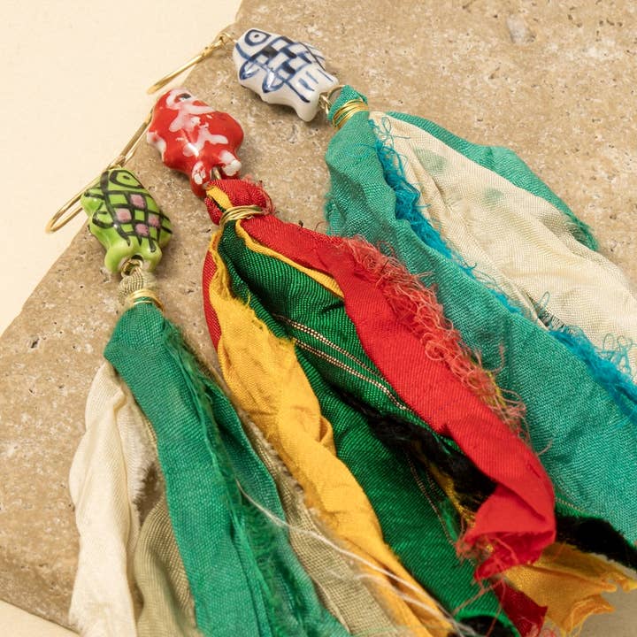 Anarchy Street - Wholesale Dangle Earrings - Ceramic Fish Multi Fabric Fringe Drop Earrings5