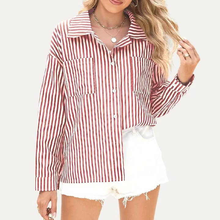The Moment Collection - Wholesale Button Down Shirt - Women's - Classic Striped Print Collared Neck Button Up Boxy Shirt6