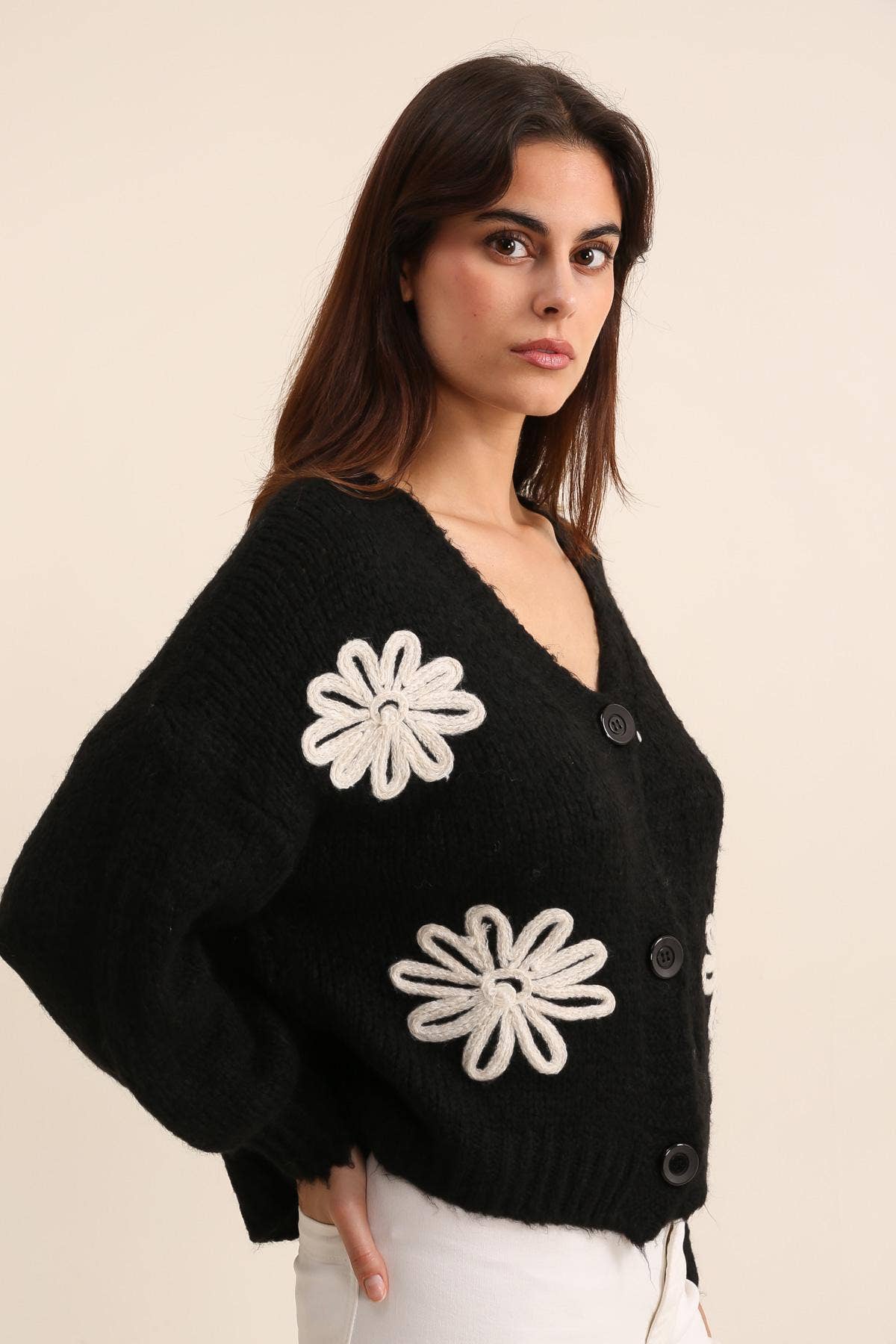 LÉA & LUC - Vente Cardigan – femme - Gilet cardigan col en V et motif fleur REF. 3077933