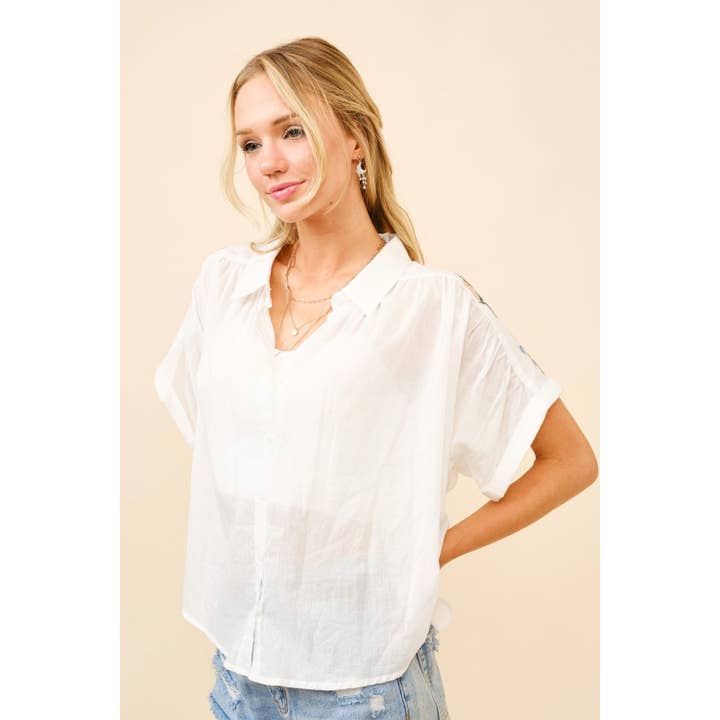 OFF WHITE Cotton Voile Embroidered Dolman Sleeve Shirt for wholesale on Faire5