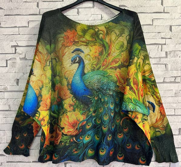 LOOWIE - Wholesale Knit Sweater - Women's - ZPEA2 Peacock Blue Yellow Printed Knit Sweater LOOWIE
