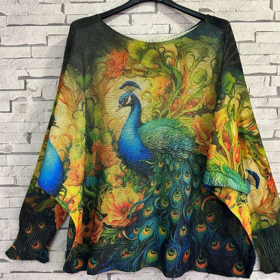 LOOWIE - Wholesale Knit Sweater - Women's - ZPEA2 Peacock Blue Yellow Printed Knit Sweater LOOWIE 0