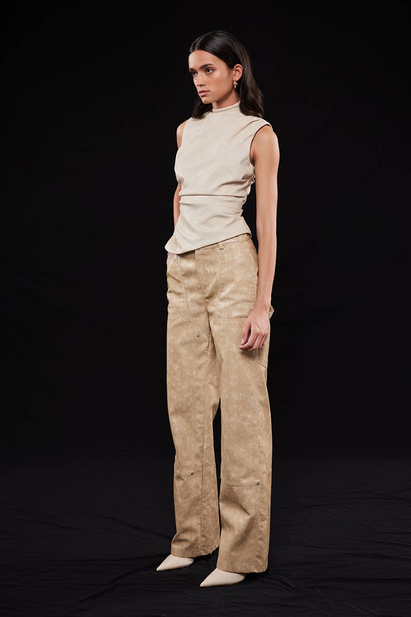 BIEGE ASYMMETRIC PLEATHER MOCK NECK SLEEVELESS TOP-TI6804FO for wholesale on Faire10