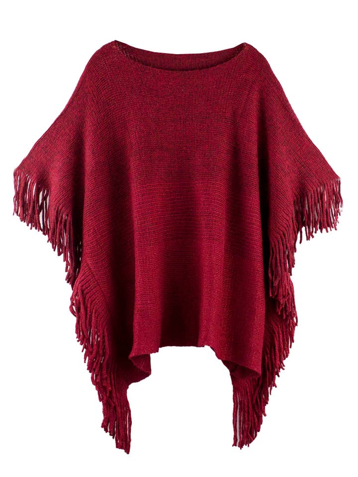Fennco Styles - Wholesale Poncho - Women's - Knit Two-Tone Batwing Fringe Poncho Sweater31