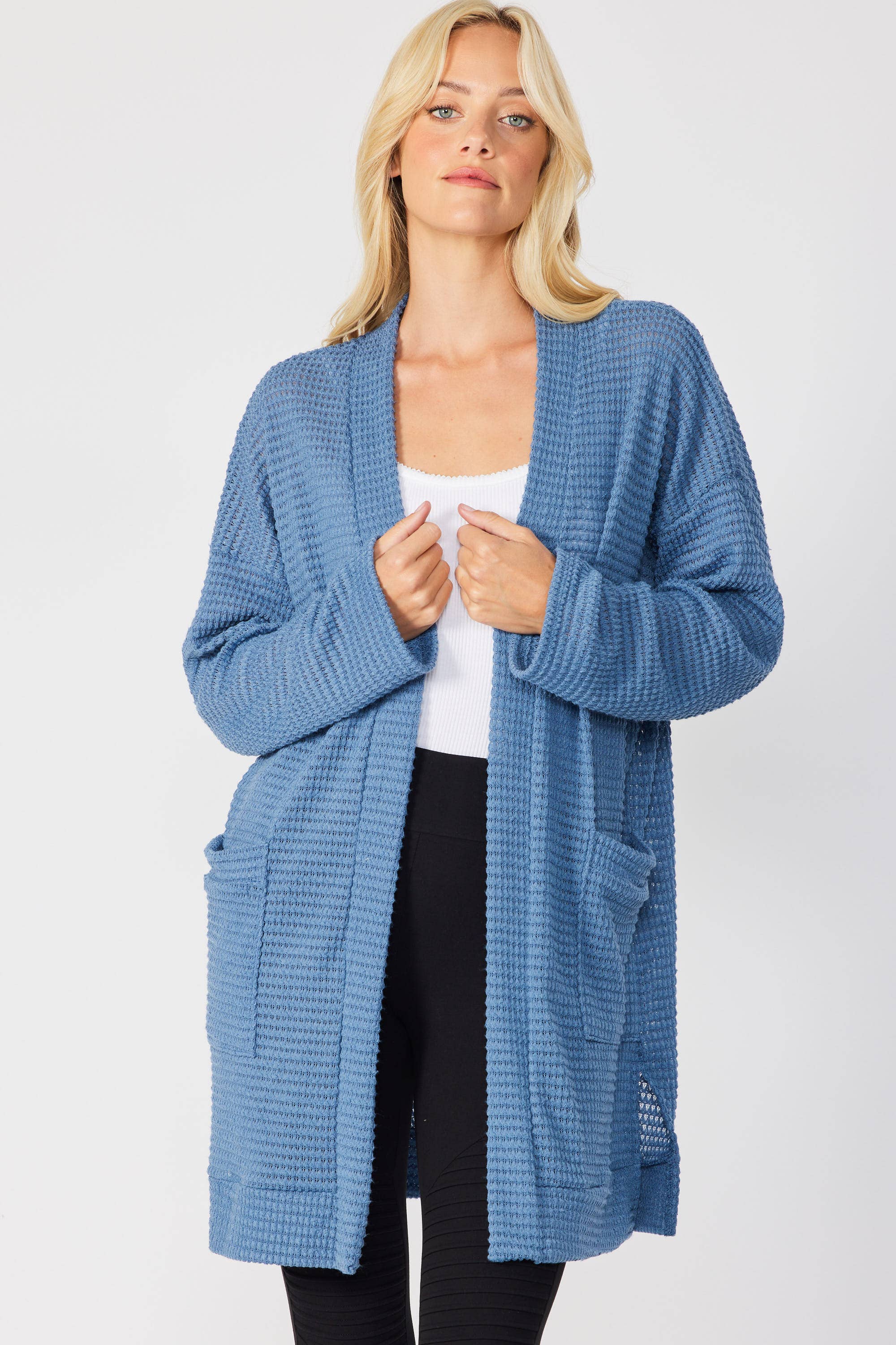 FSL Apparel - Wholesale Cardigan - Women's - SJ1005 - WAFFLE KNIT OPEN FRONT CARDIGAN WITH POCKETS15