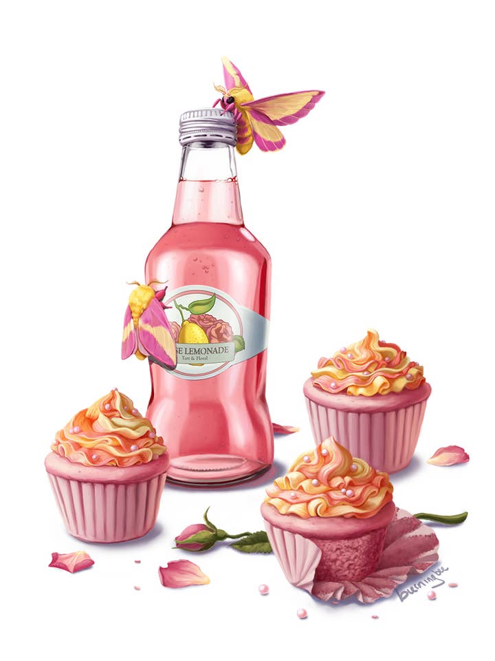 Rose Lemonade, Some Cupcakes, and Rosy Maple Moths Print for wholesale by Burning Bee Illustration