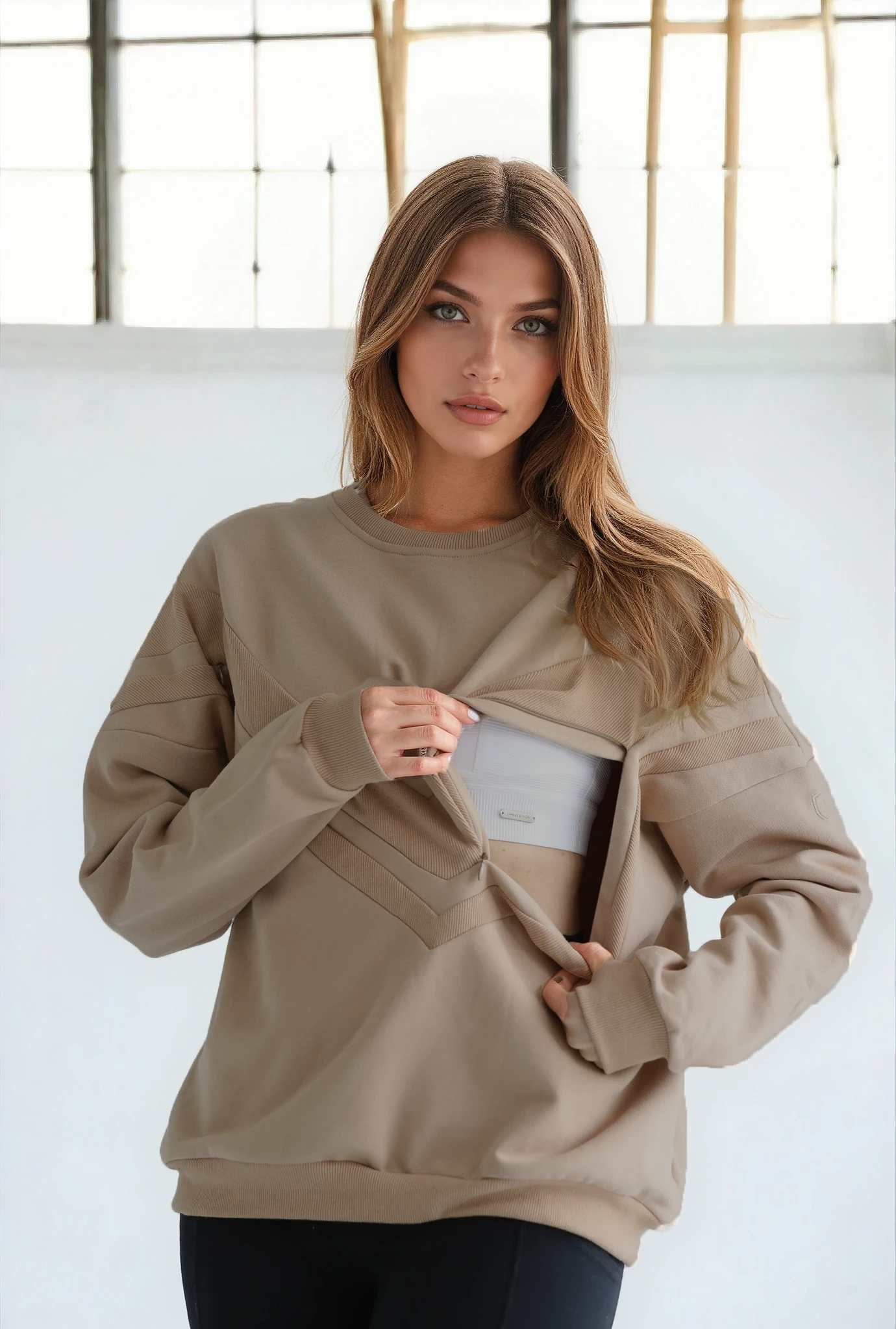 Stone Isabella Organic Oversized Nursing & Pregnancy Sweatshirt (Stone) for wholesale on Faire0