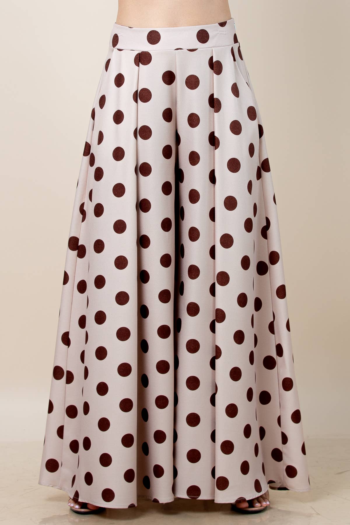 Stampa P919-5478A-Pantaloni Palazzo a Gamba Larga a Pois Cioccolato Lidia in vendita all'ingrosso su Faire2