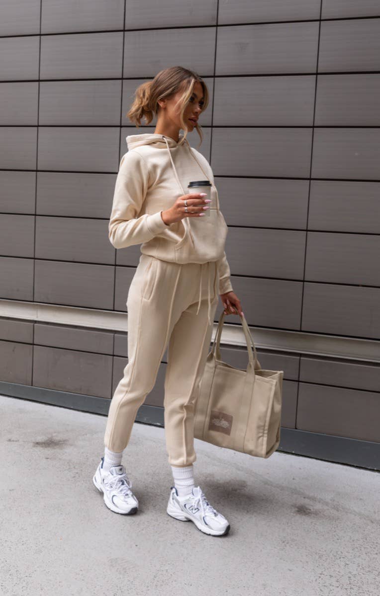 Femme Luxe – wholesale Lounge set – Women's – Cream Oversized Hoodie & High Waisted Seam Front Cuffed2