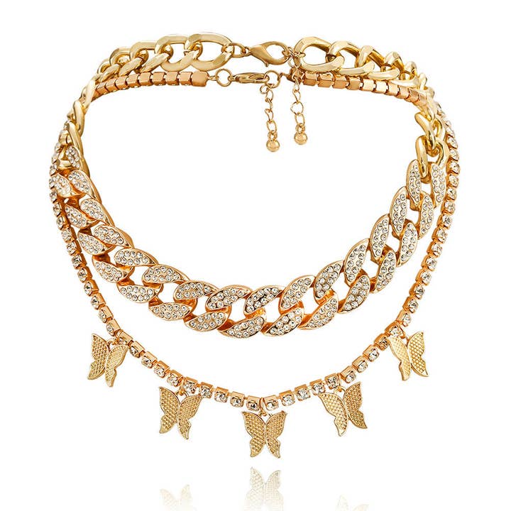 Mio Queena - Wholesale Jewelry Set - 2pcs/set Butterfly Pendant Rhinestone Chain Necklace0