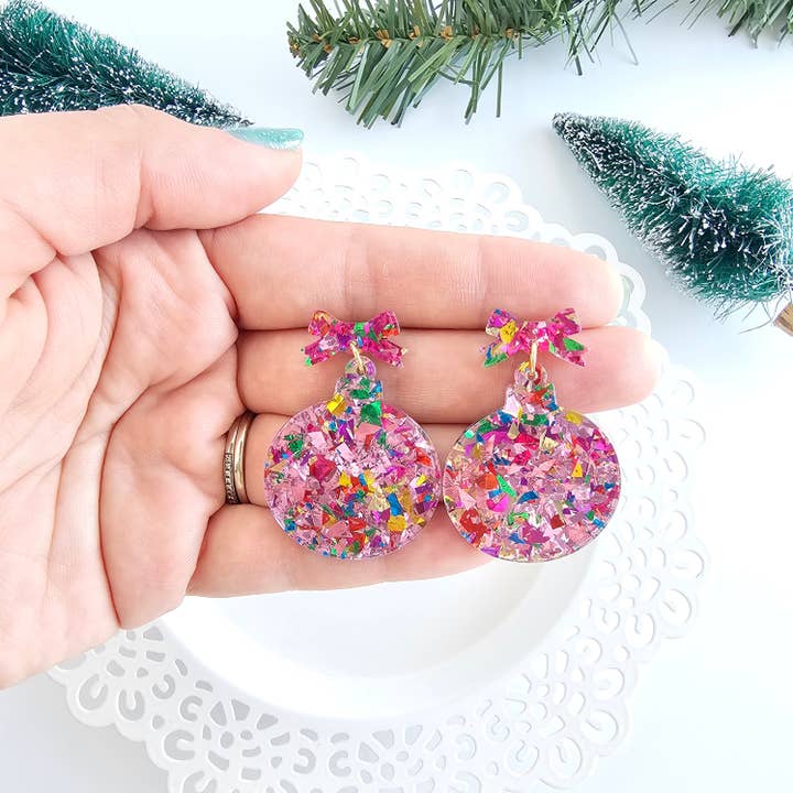 Spiffy & Splendid - Wholesale Dangle Earrings - Christmas Ornament Earrings - Light Pink Sparkle // Holiday