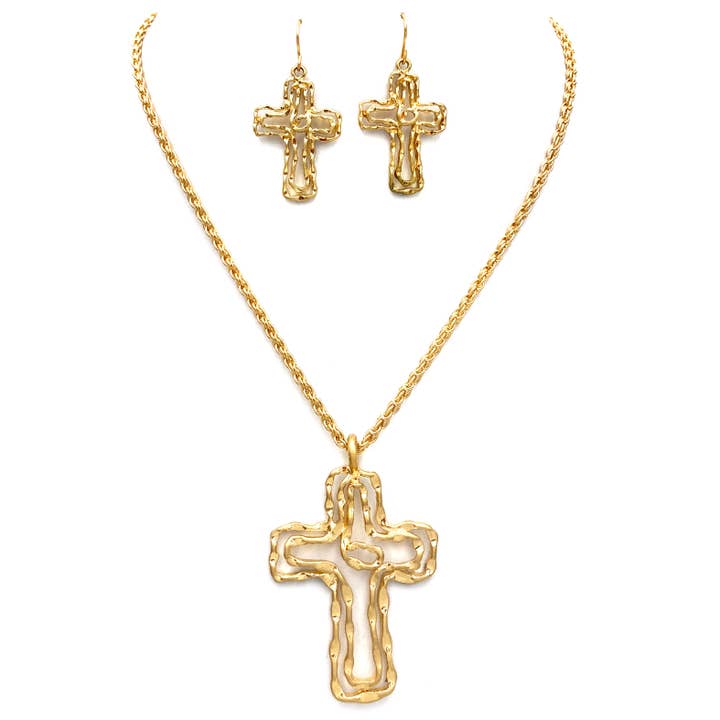 Hammered Cross Wire Necklace Earring Set for wholesale by Lunar Deer
