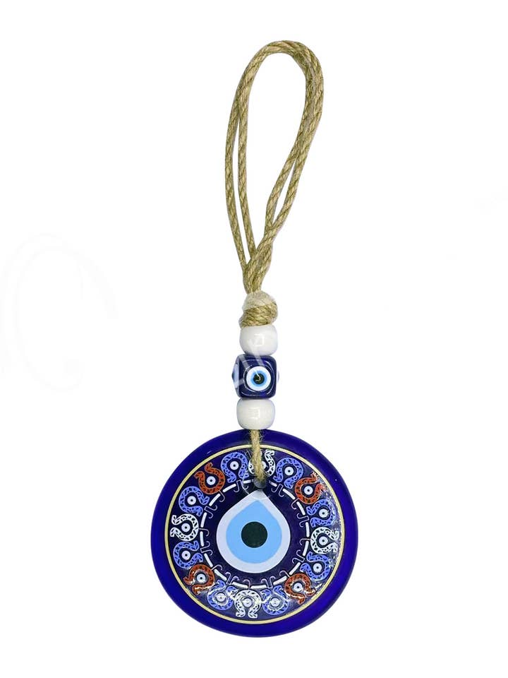(PC)EVIL EYE HANGING - GLASS PRINTED GOOD LUCK 3.25"DIA. for wholesale by Oceanic Linkways Inc