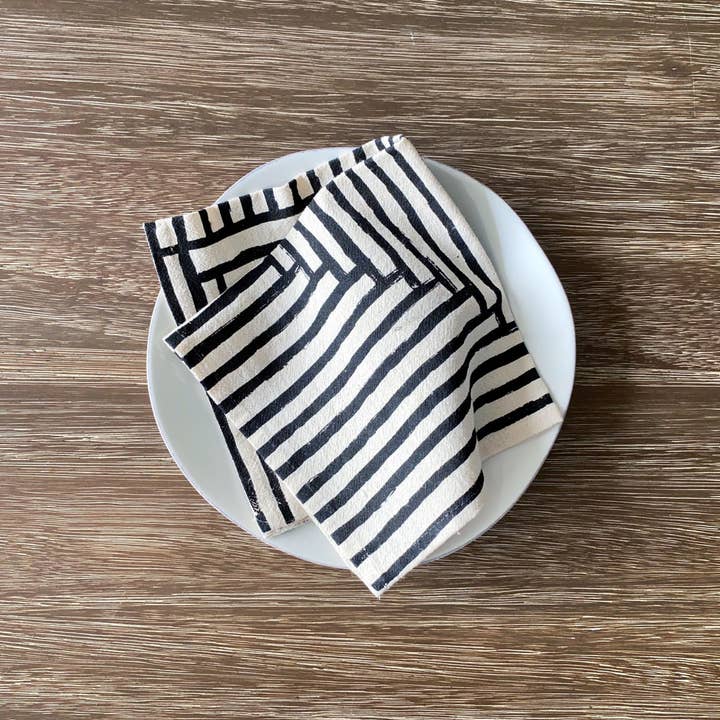 Bright Beige - Wholesale Dinner & Cloth Napkin - Fresh Painterly Stripe Hand Printed Cotton Napkins, Set of 42