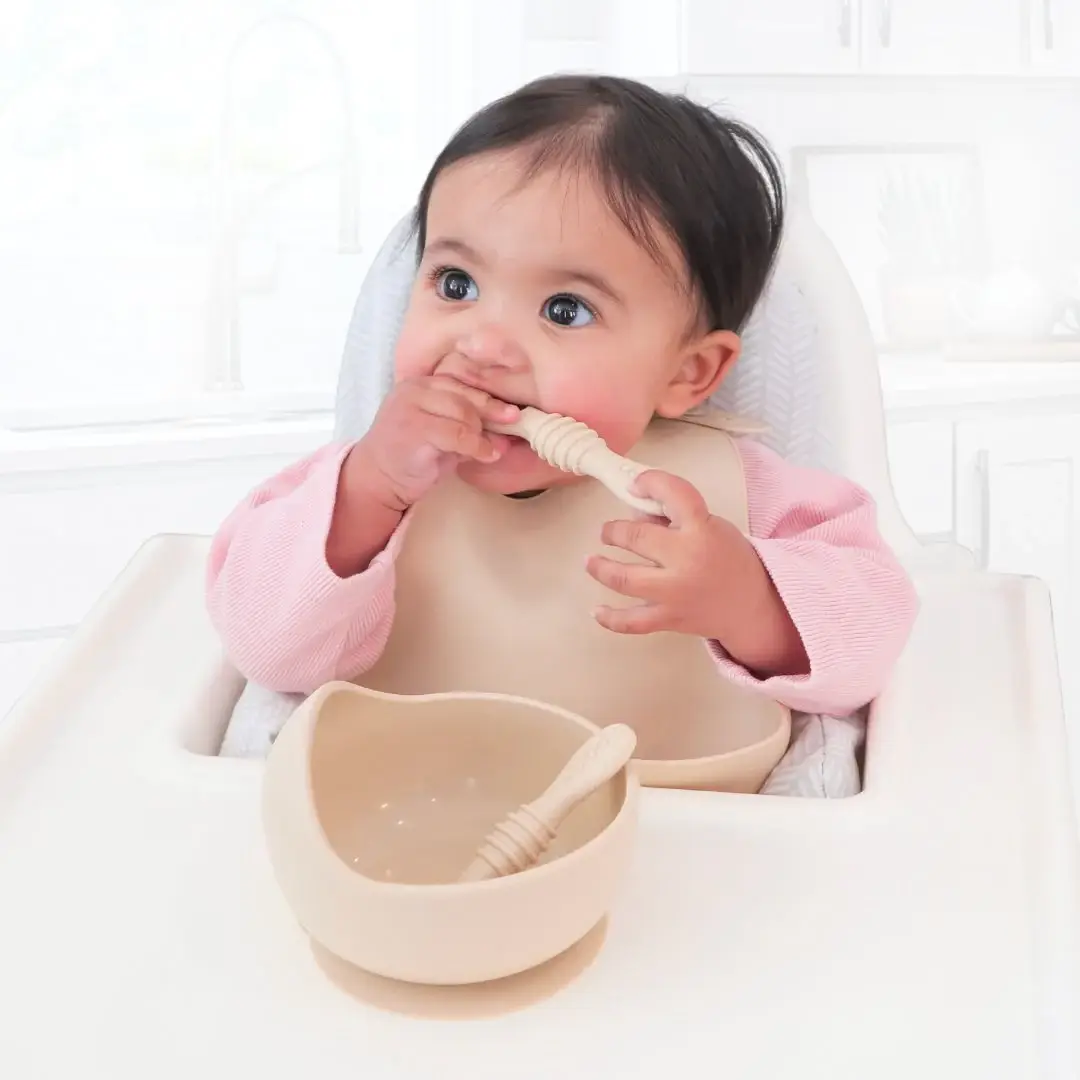 Suction Bowl & Training Spoons - Almond for wholesale on Faire1