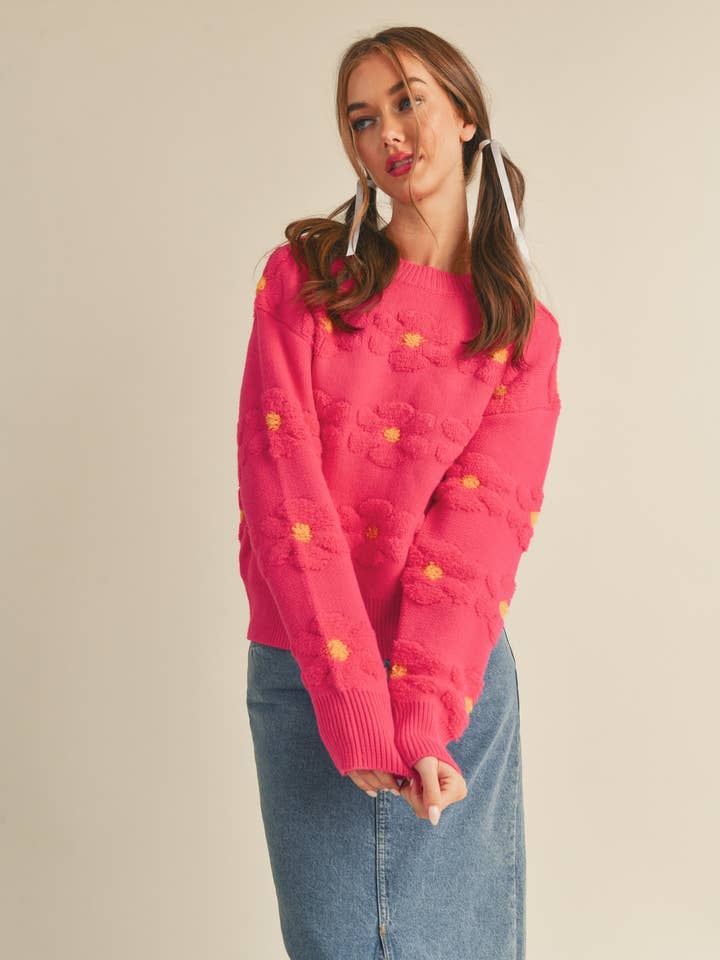 PINK YELLOW SHERPA FLORAL STRIPE SWEATER MSW10279 for wholesale on Faire4
