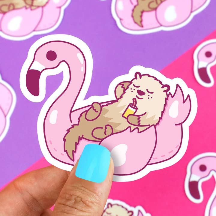 Flamingo Float Summer Otter Vinyl Sticker for wholesale by Turtle's Soup