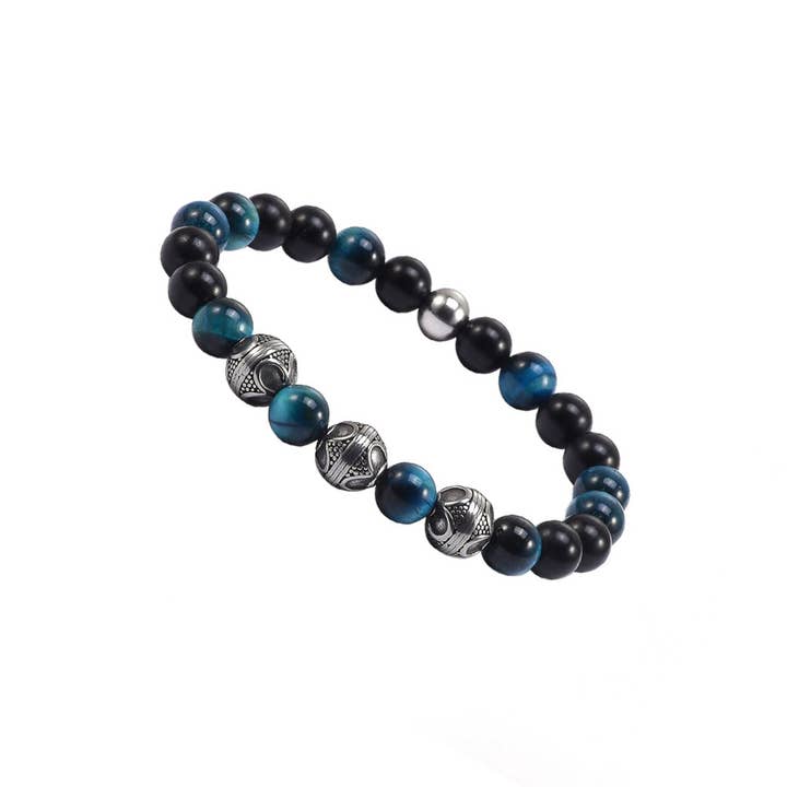 Herrearmbånd med blå tigerøjeperler og sølvperler for engroshandel hos SIXTY STONES